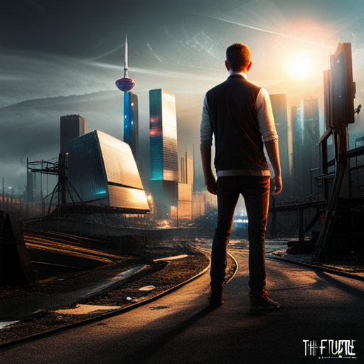 Man in front of futuristic landscape