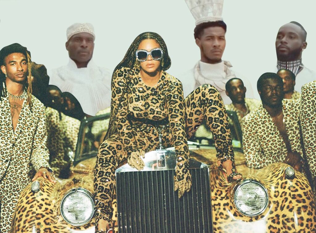 Beyoncé in cheetah print attire sitting on an exotic car